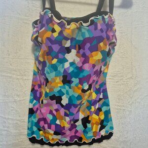 NWT PROFILE TANKINI SWIM TANK Colorful Geo Print E CUP ADJUSTABLE TOP SZ 36E $88